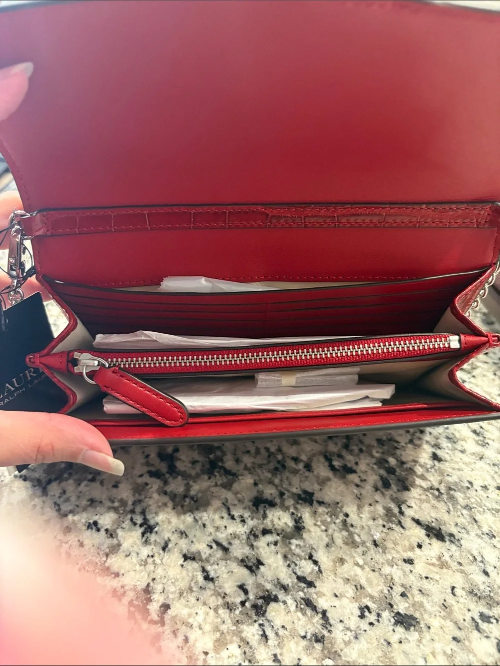 Ralph Lauren Glossy Red Croc-Embossed Chain Clutch